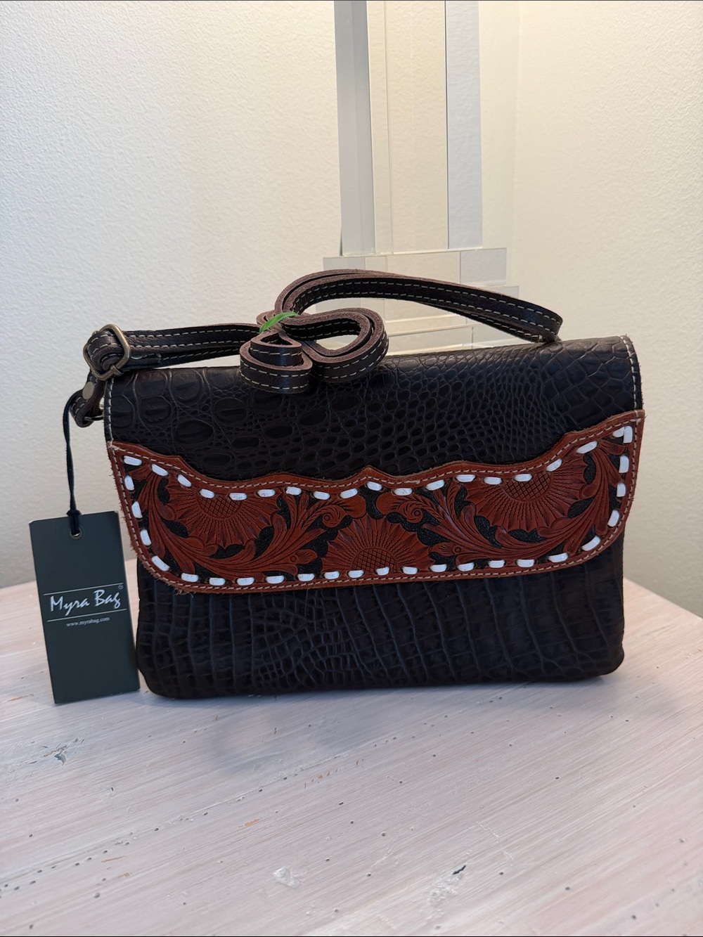 Myra Bag Dark Brown Croc-Embossed Shoulder Bag with Tooled Tan Flap